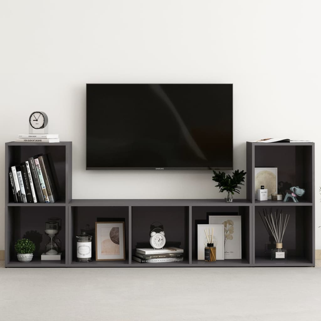 vidaXL 3 Piece TV Cabinet Set High Gloss Grey Engineered Wood