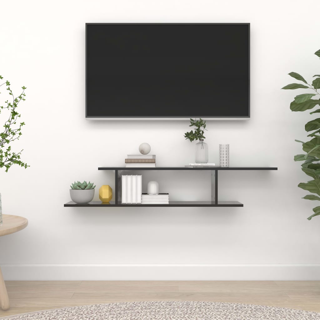 vidaXL Wall-Mounted TV Shelf High Gloss Black 125x18x23 cm Engineered Wood