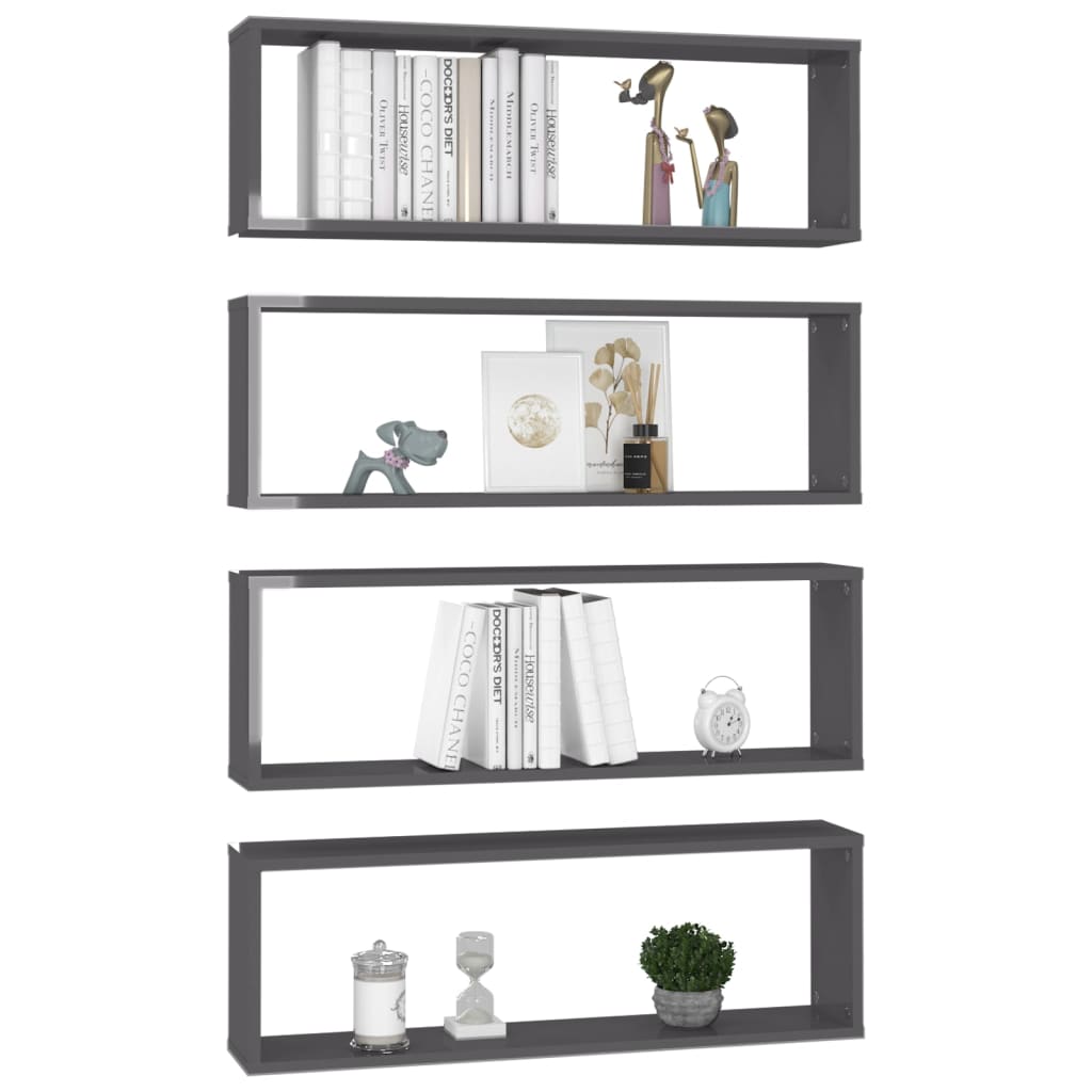 vidaXL Wall Cube Shelf 4 pcs High Gloss Grey 80x15x26.5 cm Engineered Wood