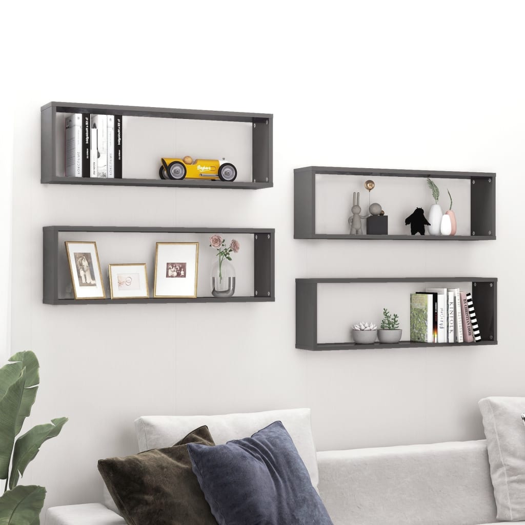 vidaXL Wall Cube Shelf 4 pcs High Gloss Grey 80x15x26.5 cm Engineered Wood