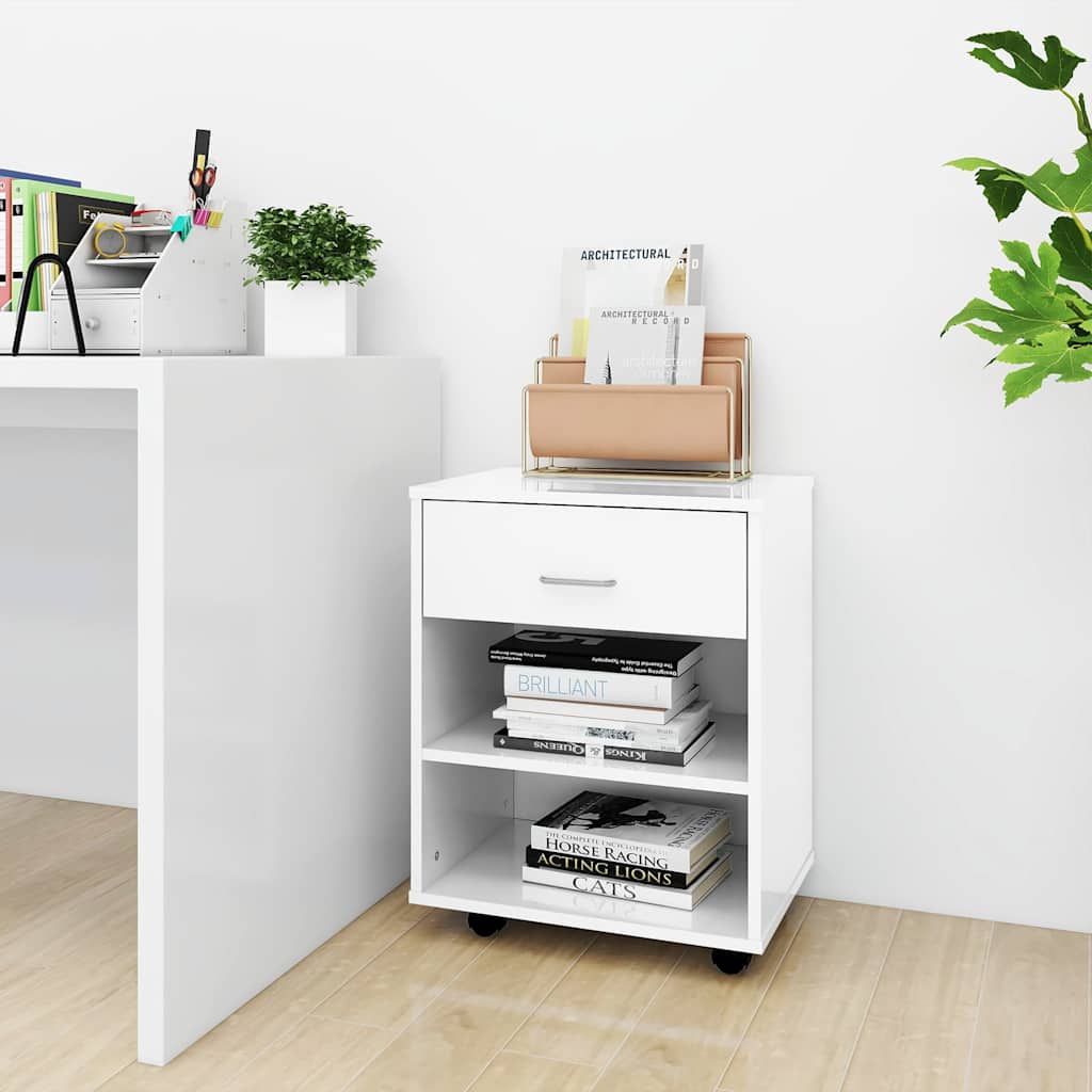 808473 vidaXL Rolling Cabinet High Gloss White 46x36x59 cm Engineered Wood