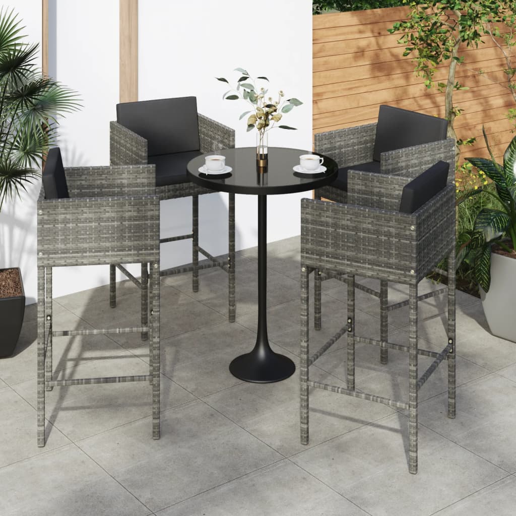 vidaXL Bar Stools 4 pcs with Cushions Grey Poly Rattan