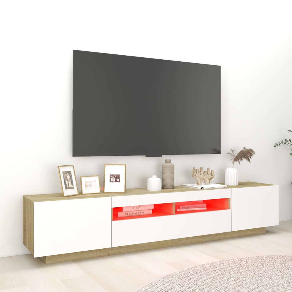 vidaXL TV Cabinet with LED Lights White and Sonoma Oak 200x35x40 cm