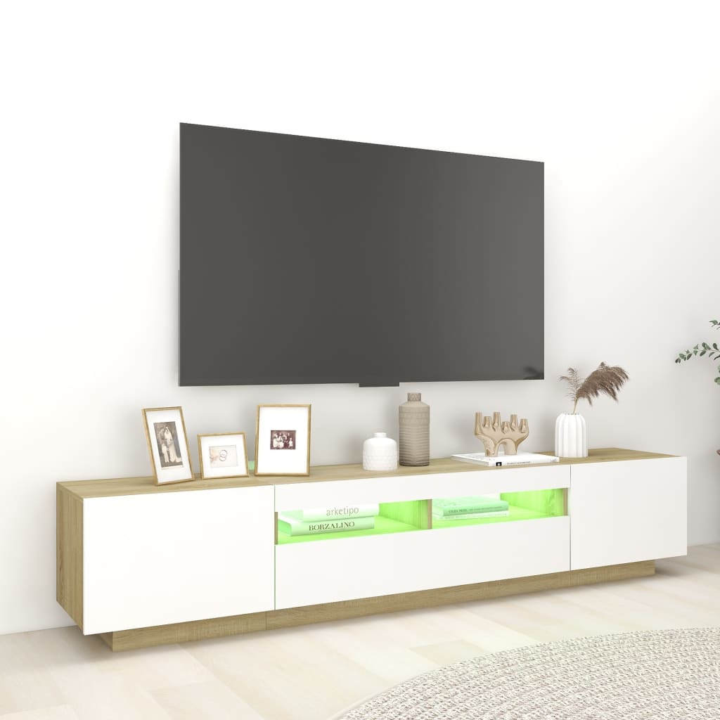 vidaXL TV Cabinet with LED Lights White and Sonoma Oak 200x35x40 cm