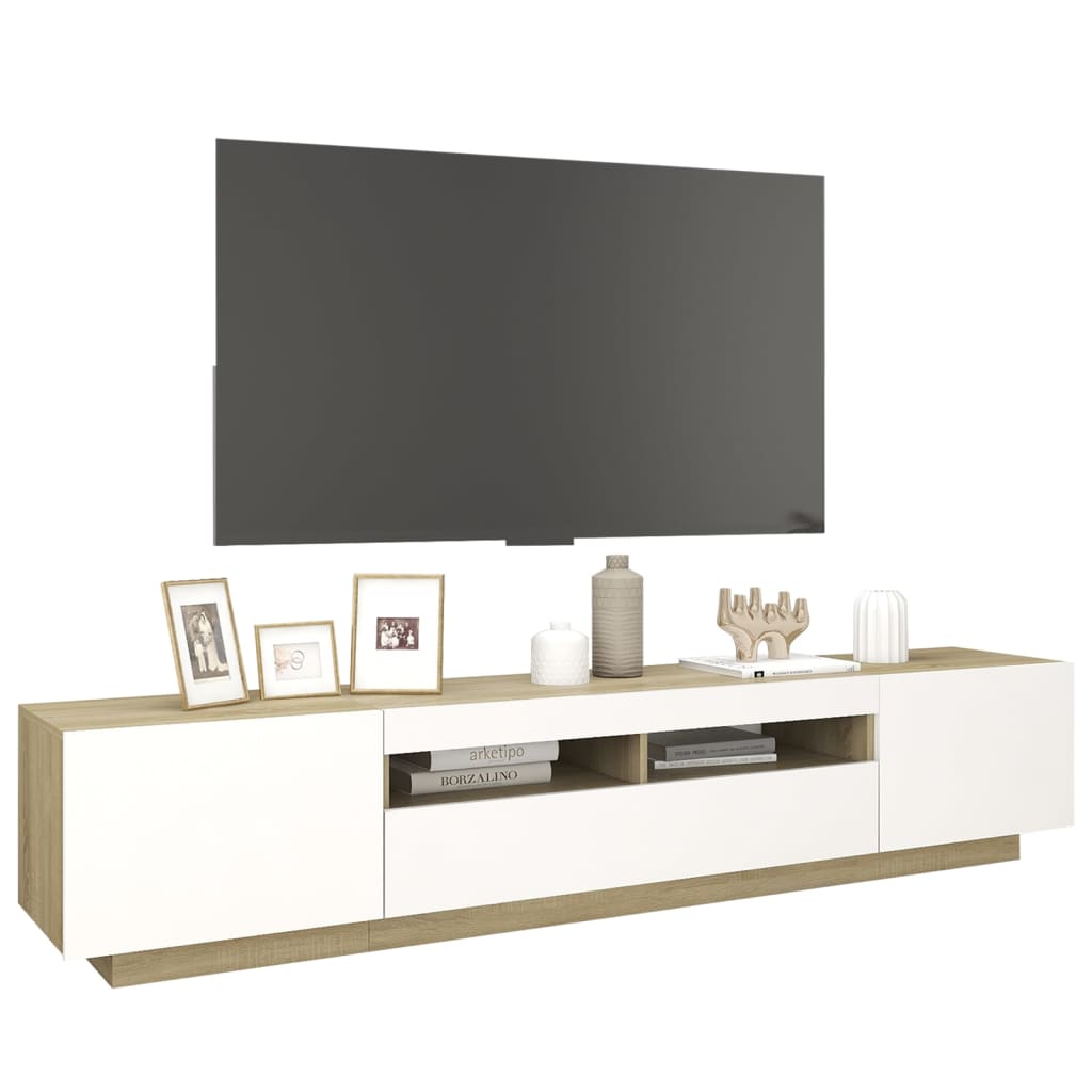 vidaXL TV Cabinet with LED Lights White and Sonoma Oak 200x35x40 cm