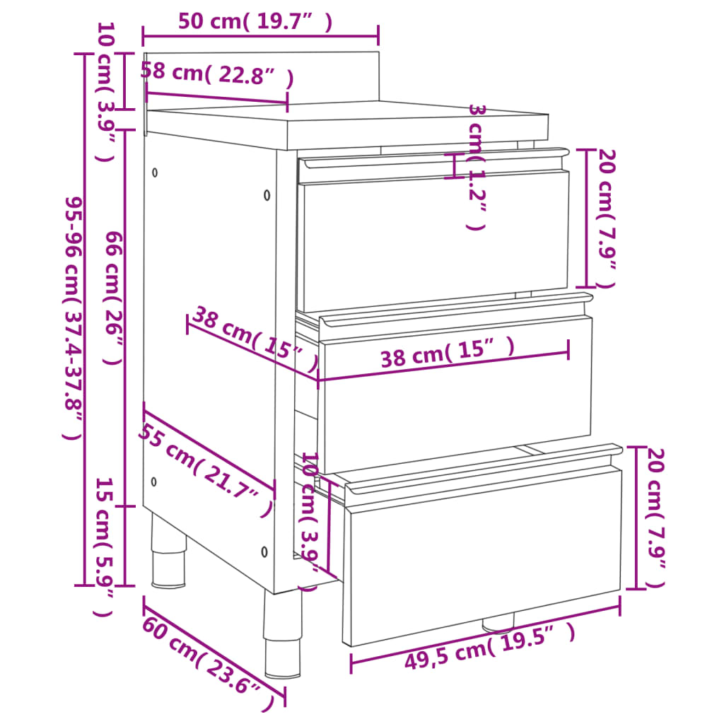 vidaXL Commercial Kitchen Cabinet with 3 Drawers Stainless Steel