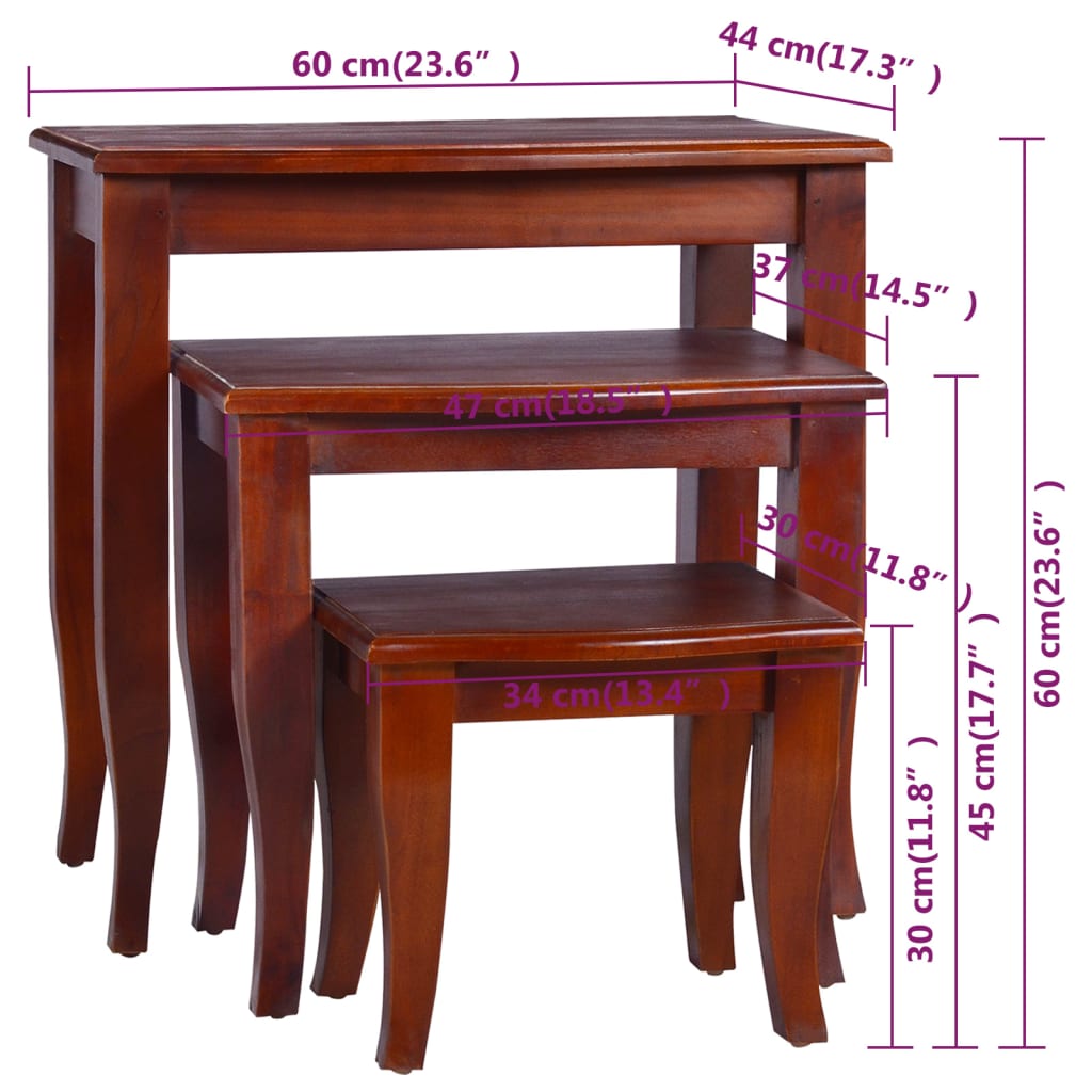 vidaXL Nesting Side Tables 3 pcs Classical Brown Solid Wood Mahogany