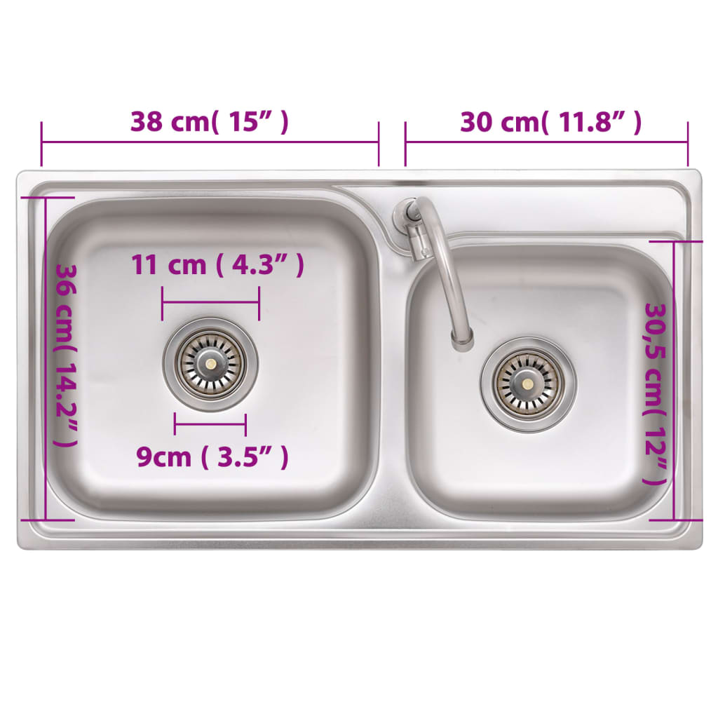 vidaXL Camping Sink Double Basins with Tap Stainless Steel