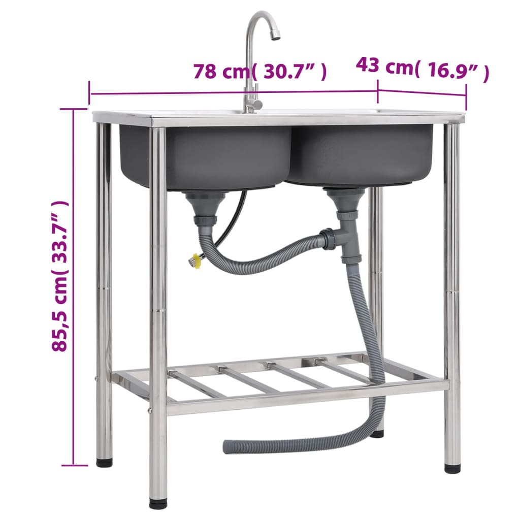 vidaXL Camping Sink Double Basins with Tap Stainless Steel