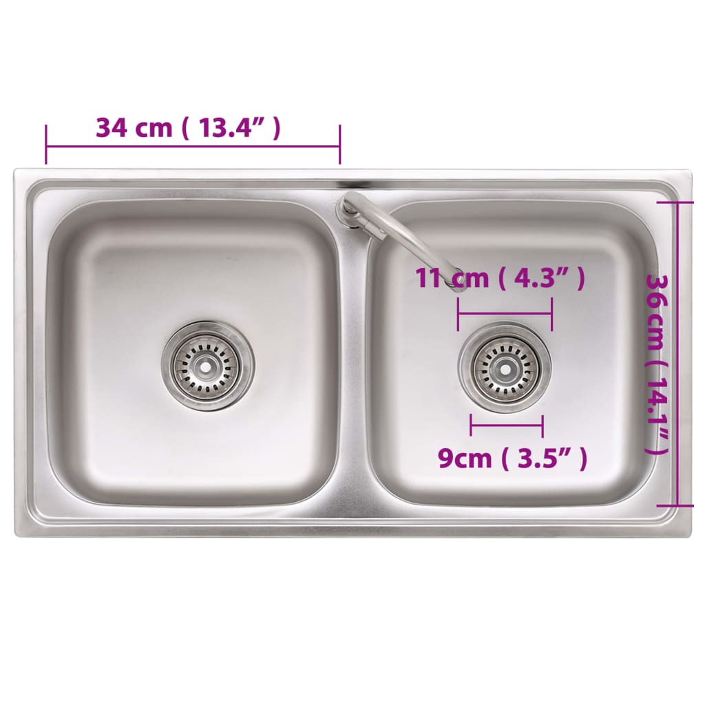 vidaXL Camping Sink Double Basins with Tap Stainless Steel