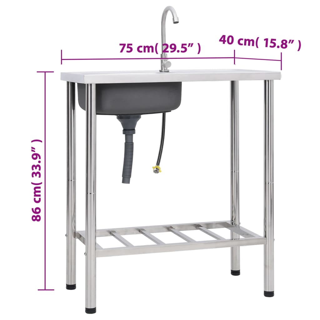 vidaXL Camping Sink Single Basin with Tap Stainless Steel