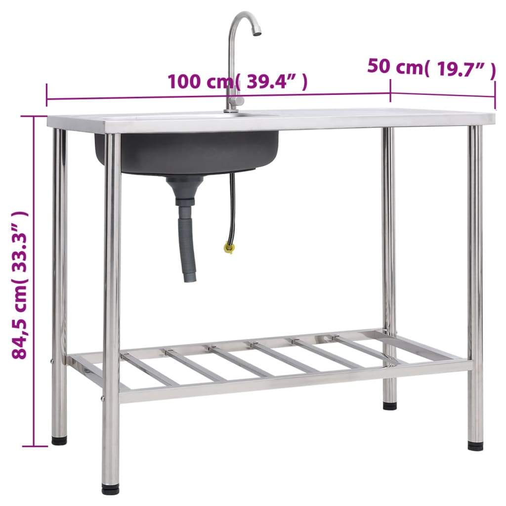 vidaXL Camping Sink Single Basin with Tap Stainless Steel