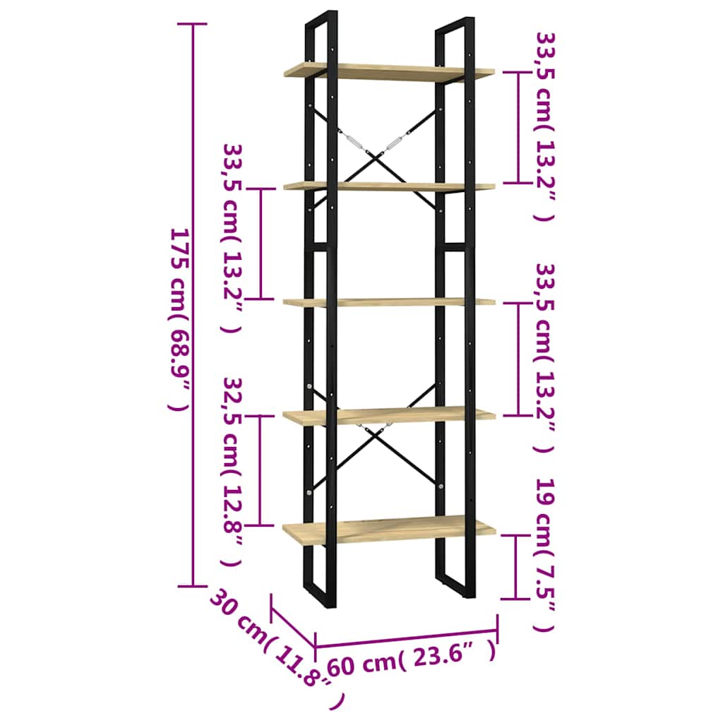 5-Tier Book Cabinet 60x30x175 cm Solid Wood Pine