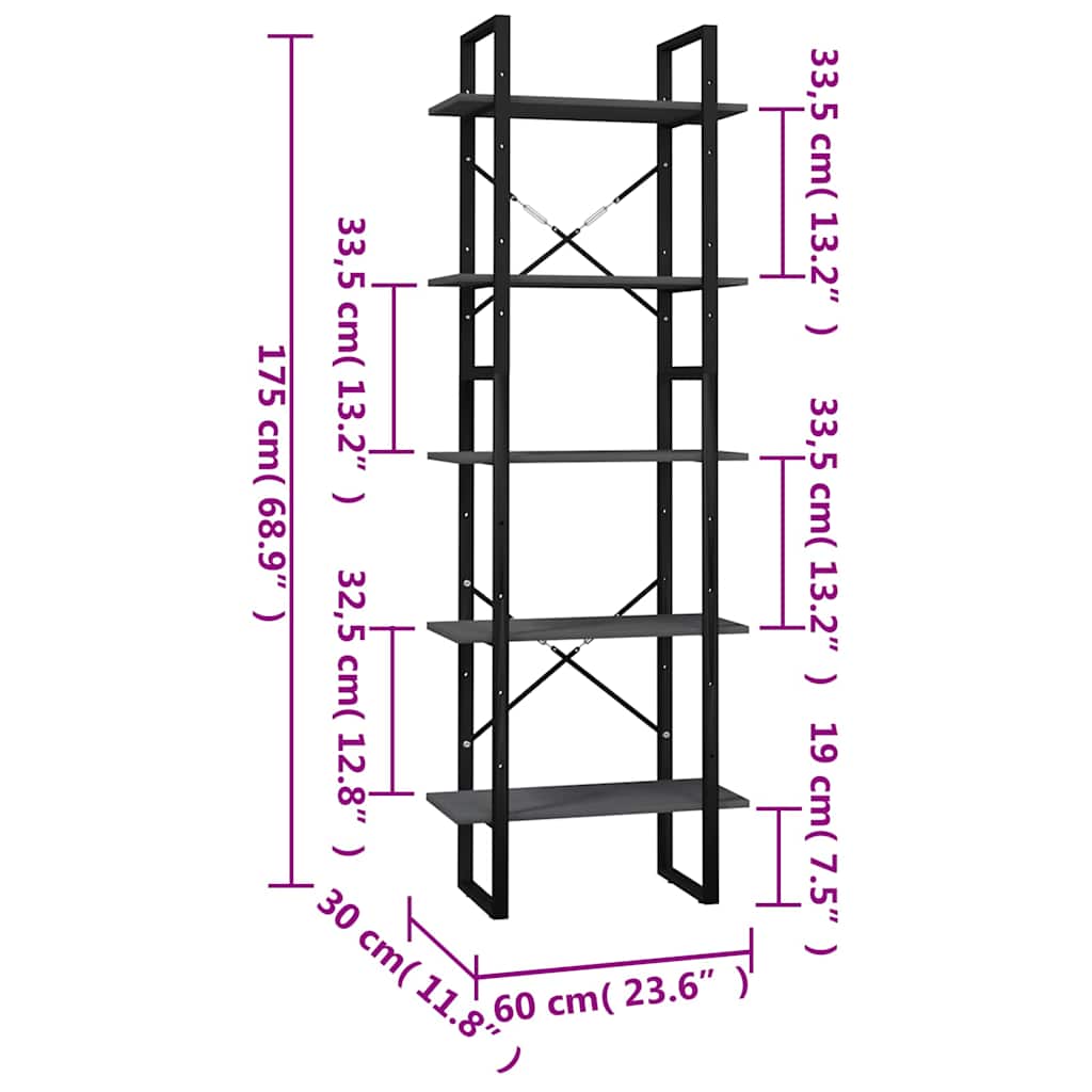5-Tier Book Cabinet Grey 60x30x175 cm Solid Wood Pine
