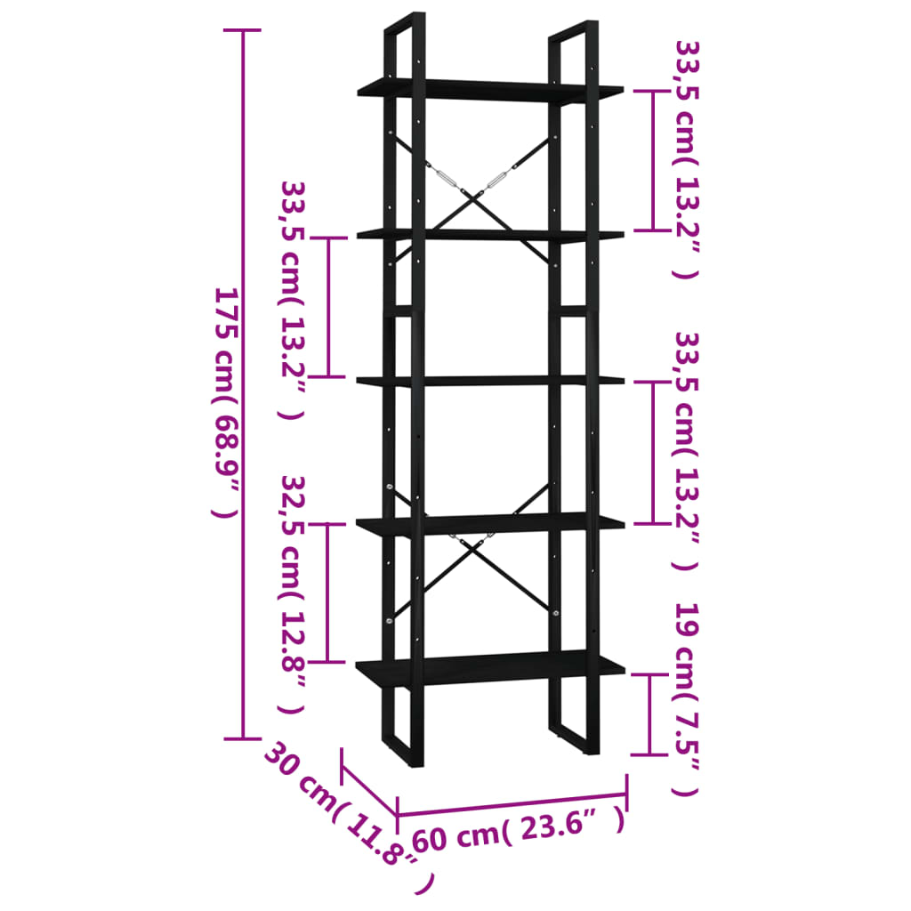 vidaXL 5-Tier Book Cabinet Black 60x30x175 cm Pinewood