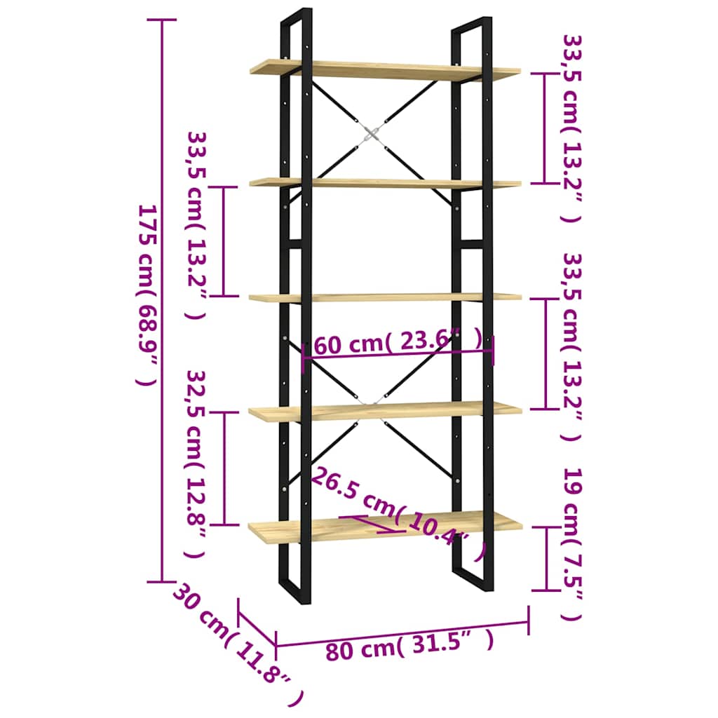 5-Tier Book Cabinet 80x30x175 cm Solid Wood Pine