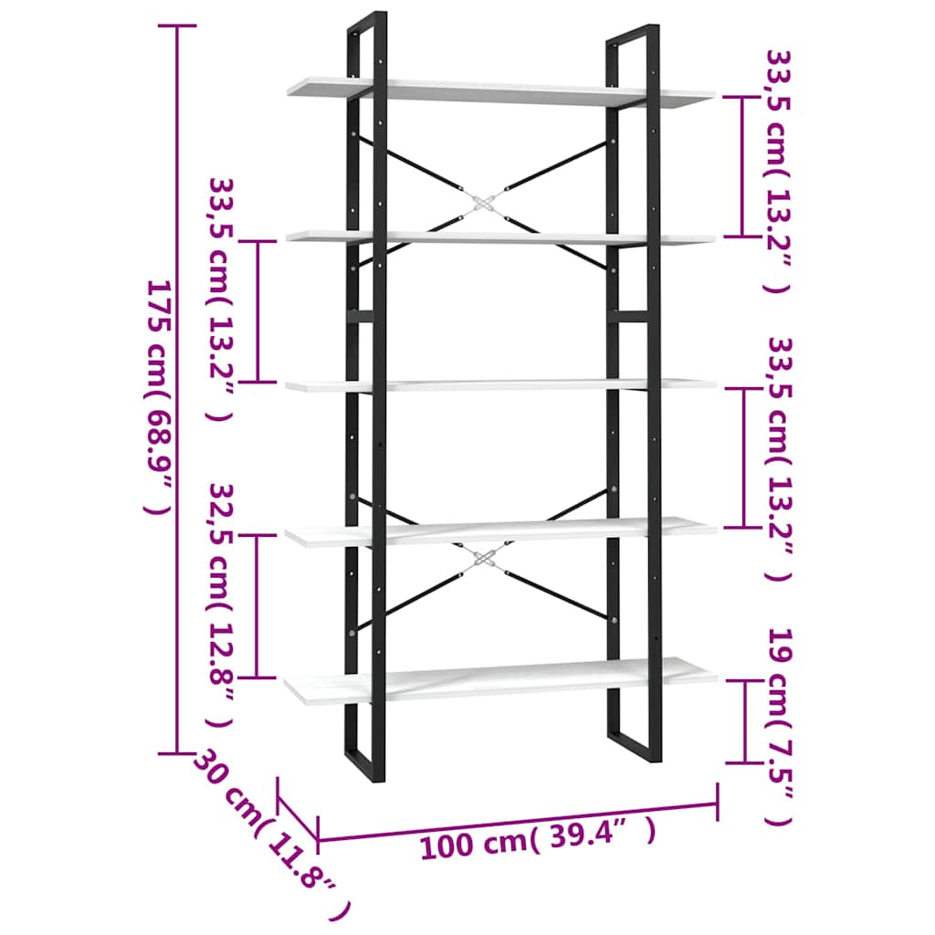 5-Tier Book Cabinet White 100x30x175 cm Solid Wood Pine