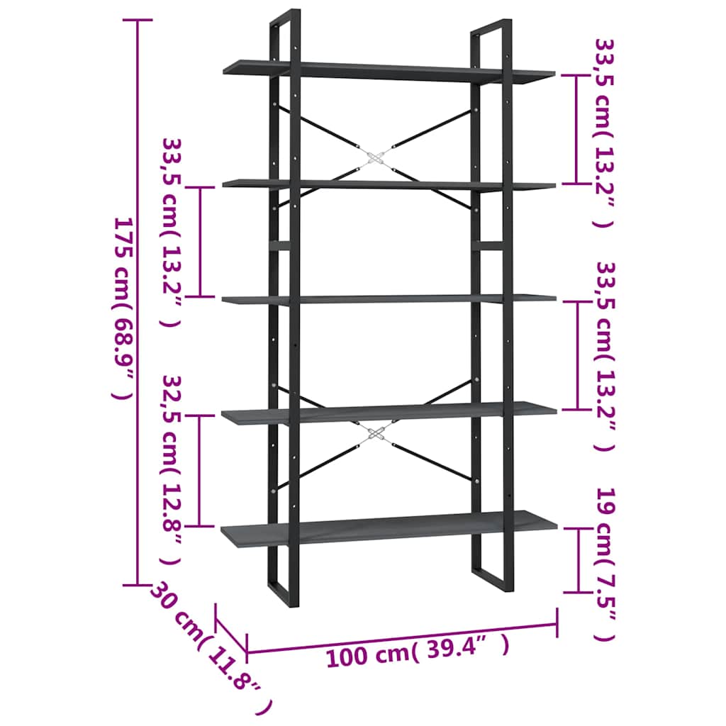 5-Tier Book Cabinet Grey 100x30x175 cm Solid Wood Pine