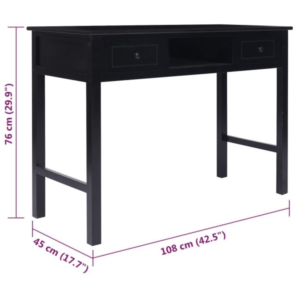 vidaXL Writing Desk Black 108x45x76 cm Solid Wood Paulownia