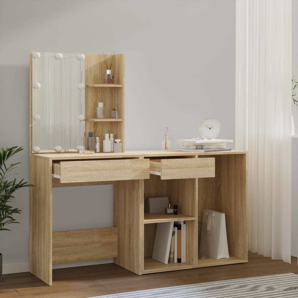 vidaXL LED Dressing Table with Cabinet Sonoma Oak Engineered Wood