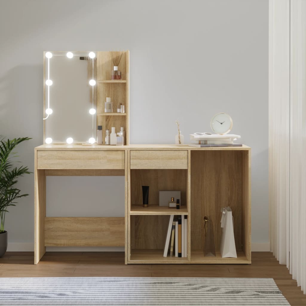 vidaXL LED Dressing Table with Cabinet Sonoma Oak Engineered Wood