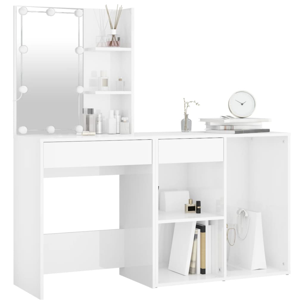 vidaXL LED Dressing Table with Cabinet High Gloss White Engineered Wood