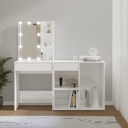 vidaXL LED Dressing Table with Cabinet High Gloss White Engineered Wood