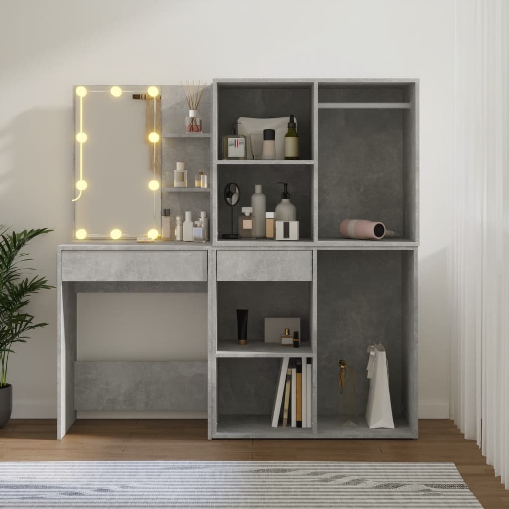 vidaXL LED Dressing Table with 2 Cabinets Concrete Grey Engineered Wood