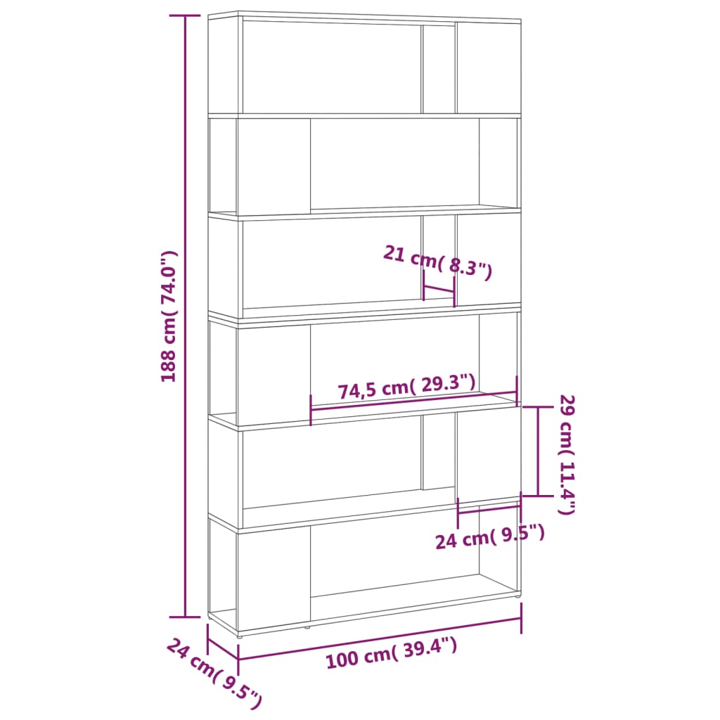 vidaXL Book Cabinet Room Divider High Gloss Black 100x24x188 cm