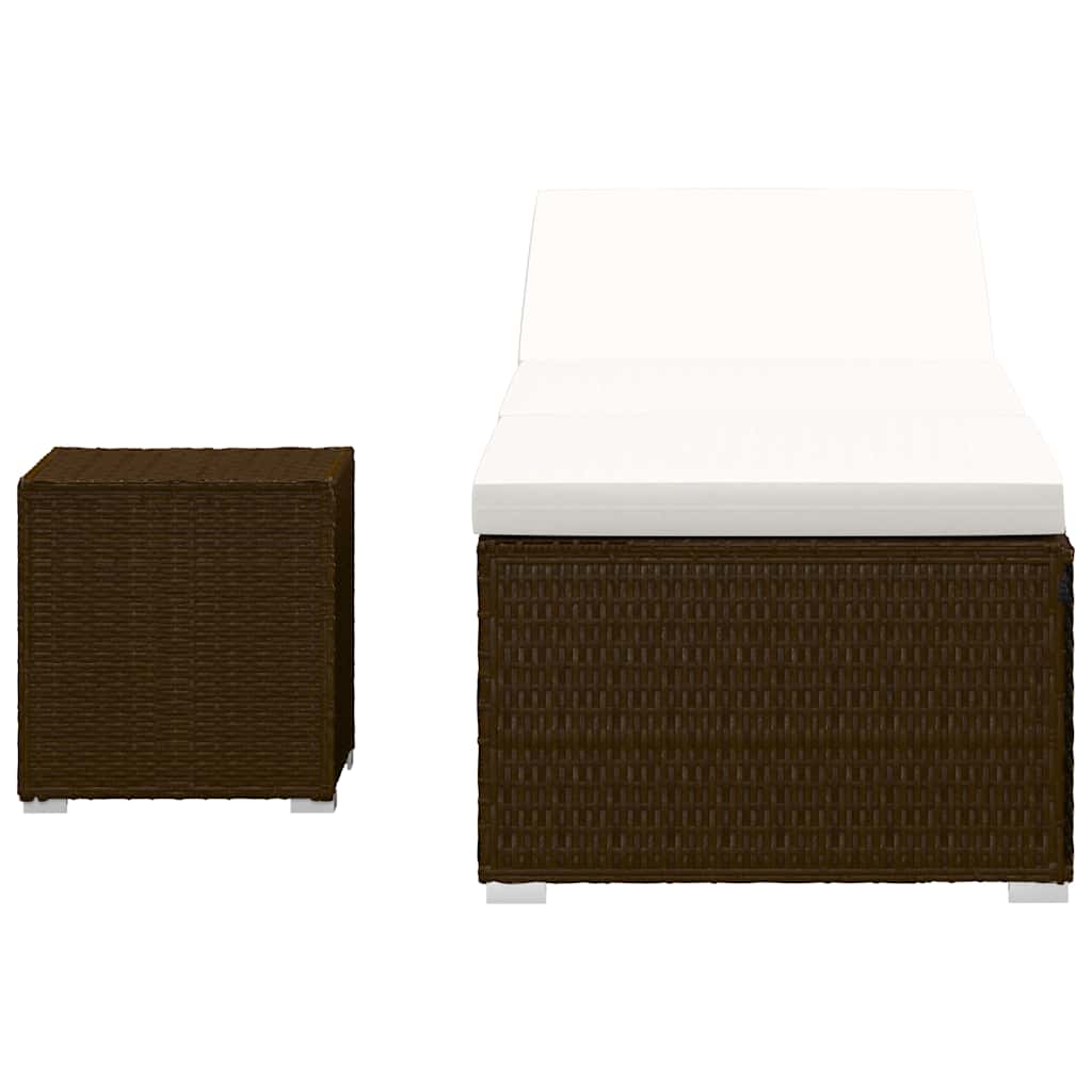 Sun Lounger with Cushion and Tea Table Poly Rattan Brown