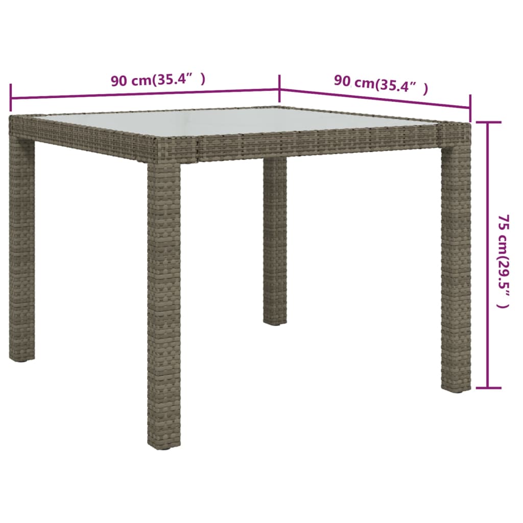 vidaXL Garden Table 90x90x75 cm Tempered Glass and Poly Rattan Grey