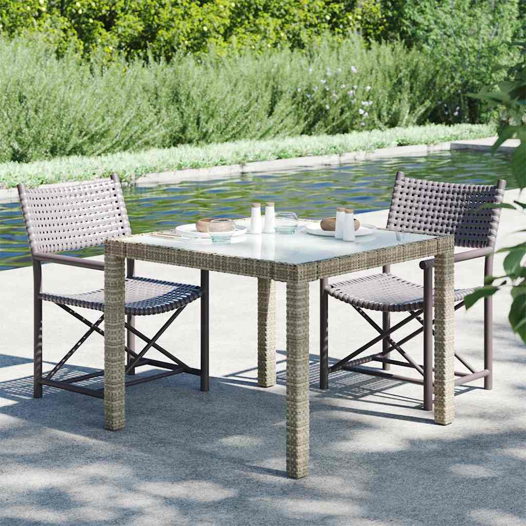 316700 vidaXL Garden Table 90x90x75 cm Tempered Glass and Poly Rattan Grey