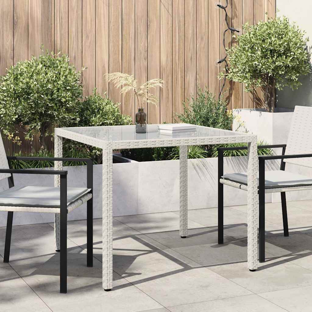 316702 vidaXL Garden Table 90x90x75 cm Tempered Glass and Poly Rattan White
