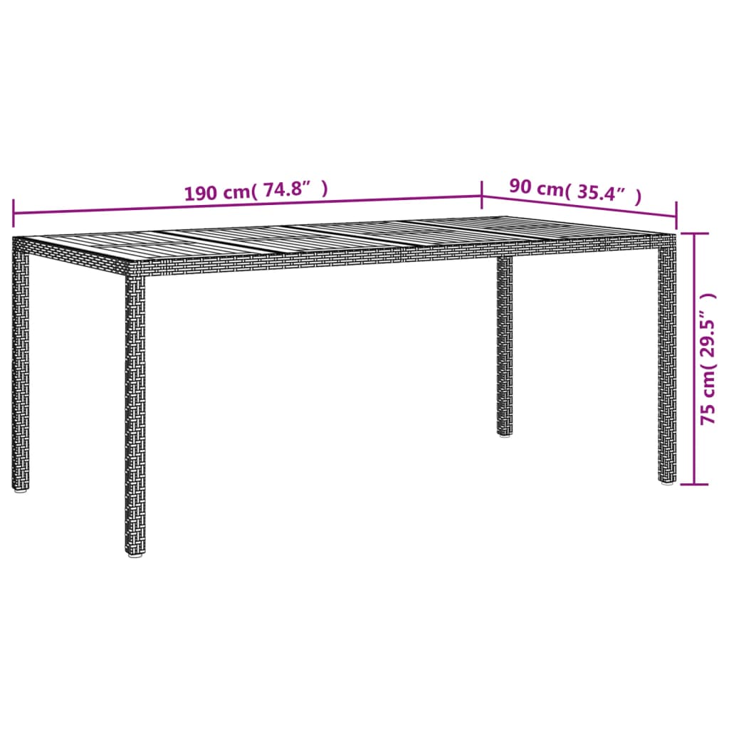 vidaXL Garden Table 190x90x75 cm Poly Rattan and Acacia Wood Black