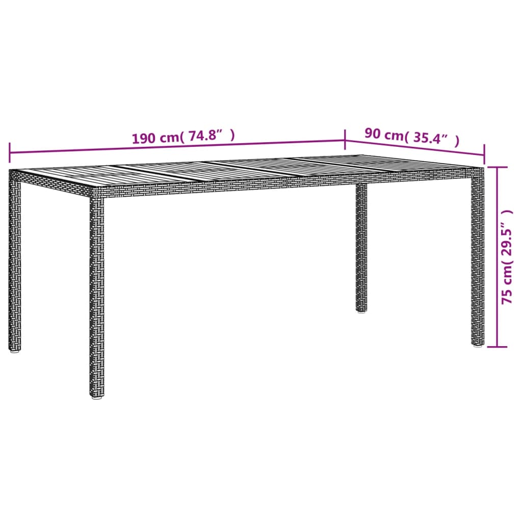 Table de jardin 190x90x75 cm polyrotin et bois d'acacia gris