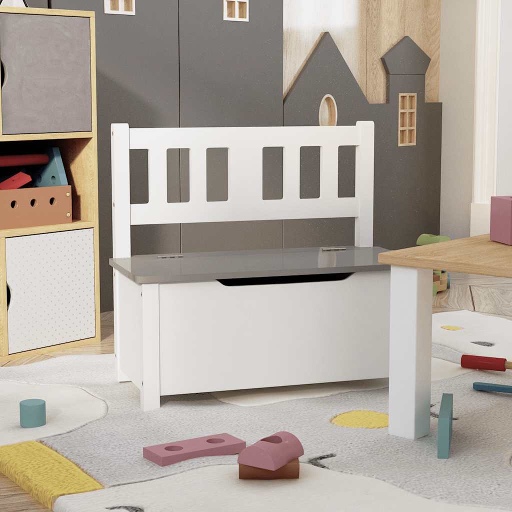 vidaXL Children Storage Bench White and Grey 60x30x55 cm MDF