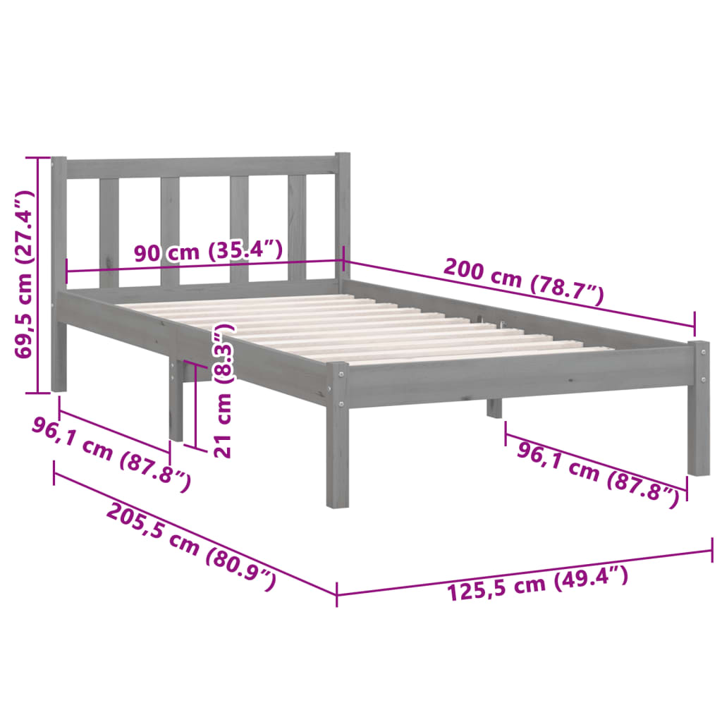 810069 vidaXL Bed Frame without Mattress Grey Solid Wood 90x200 cm