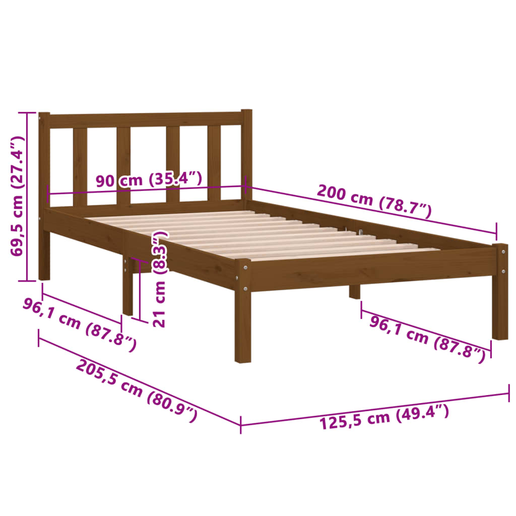 810070 vidaXL Bed Frame without Mattress Honey Brown Solid Wood 90x200 cm