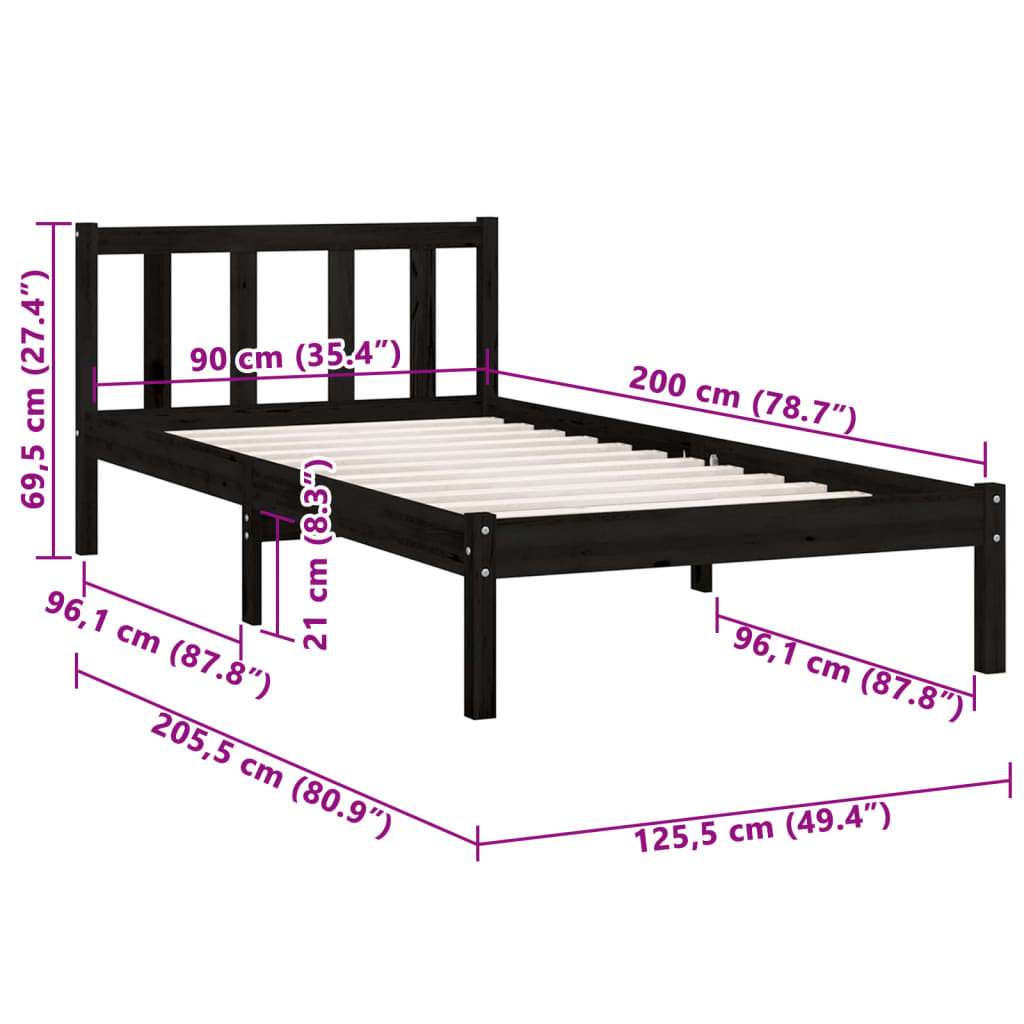 810071 vidaXL Bed Frame without Mattress Black Solid Wood 90x200 cm