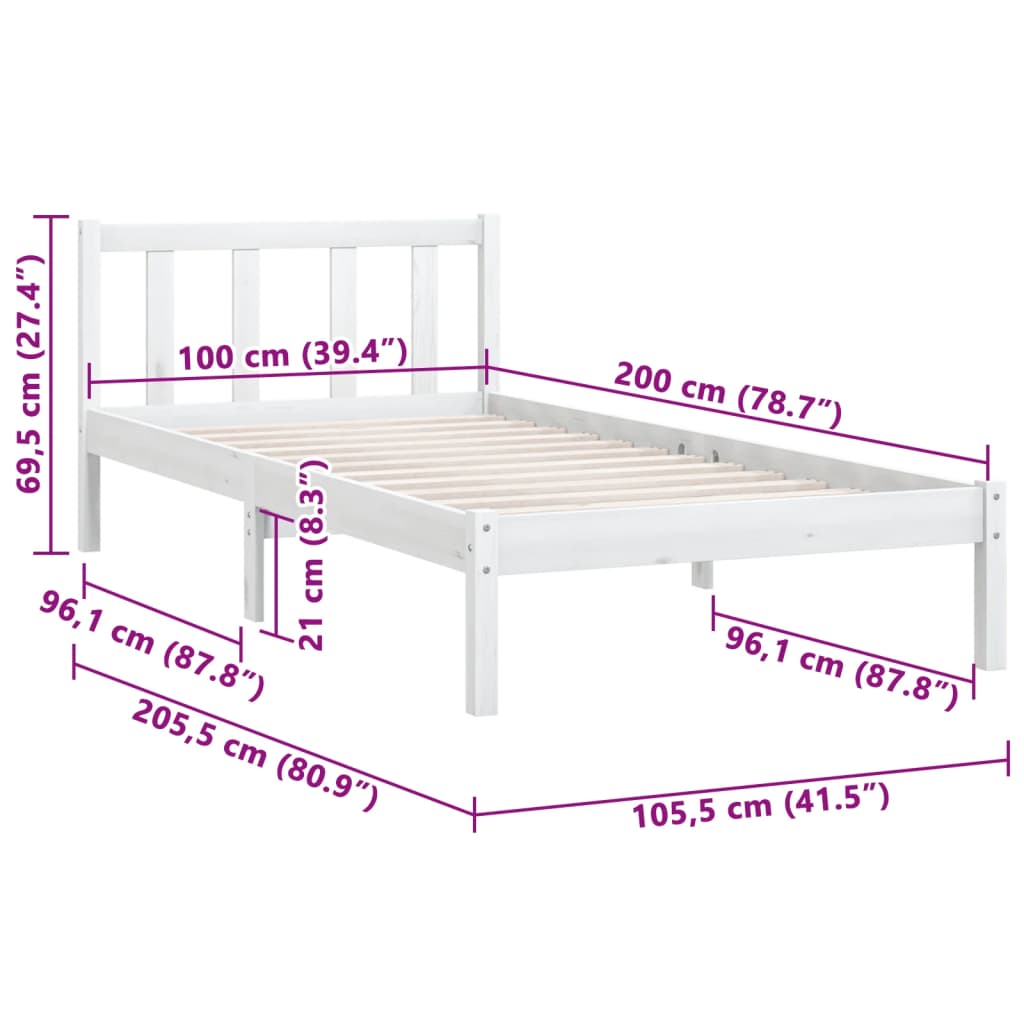 810073 vidaXL Bed Frame without Mattress White Solid Wood 100x200 cm