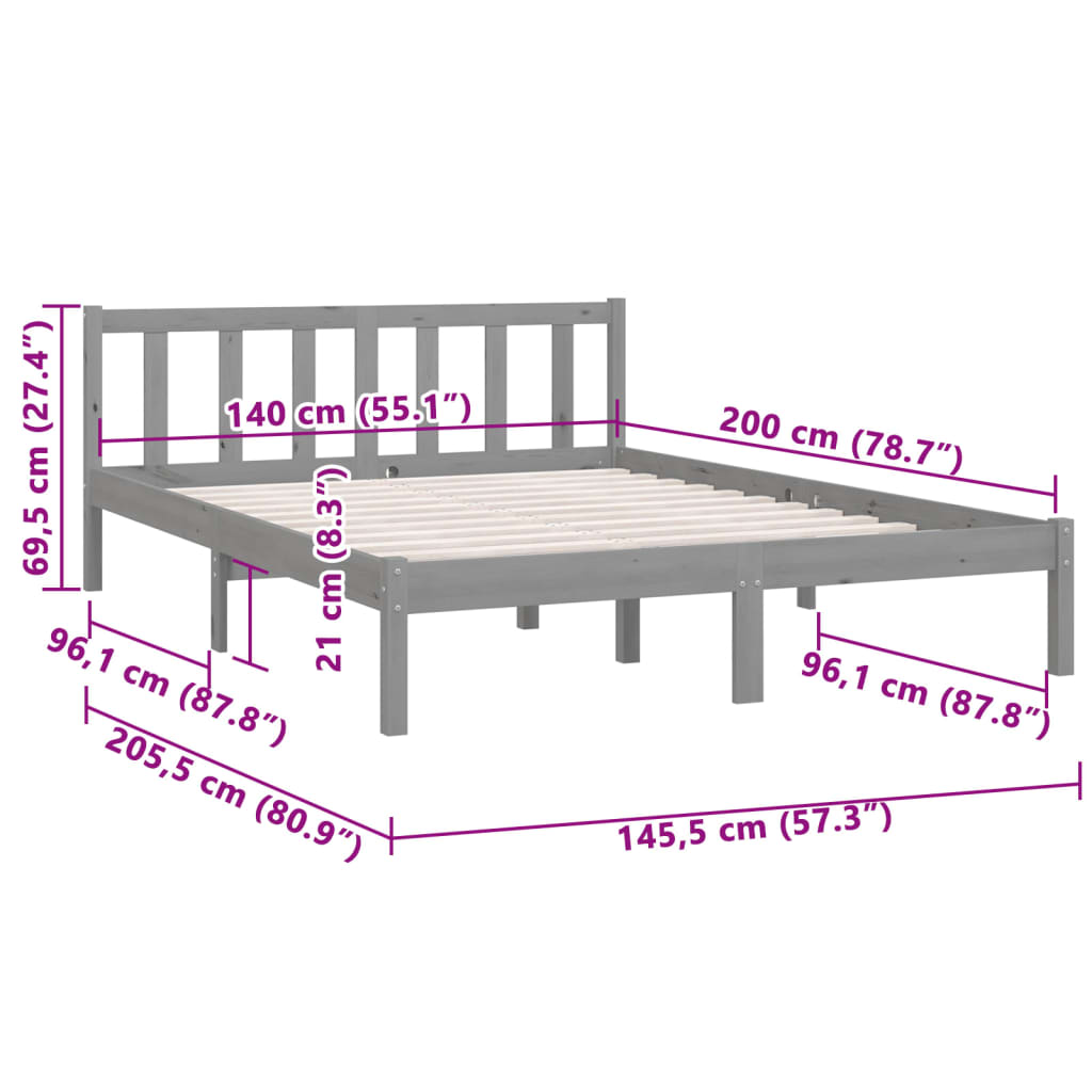 810084 vidaXL Bed Frame without Mattress Grey Solid Wood 140x200 cm