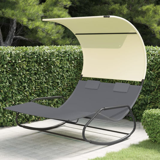 vidaXL Rocking Double Sun Lounger with Canopy Grey and Cream