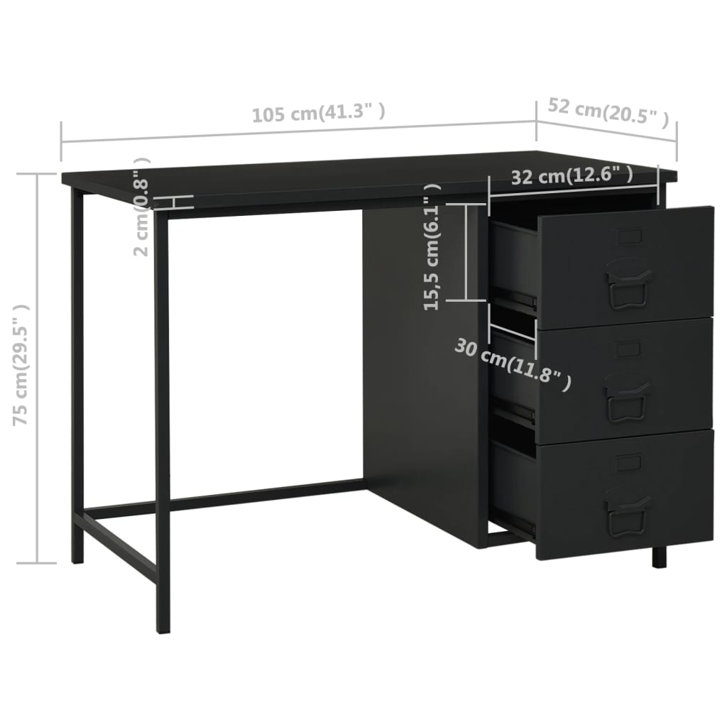 vidaXL Industrial Desk with Drawers Black 105x52x75 cm Steel