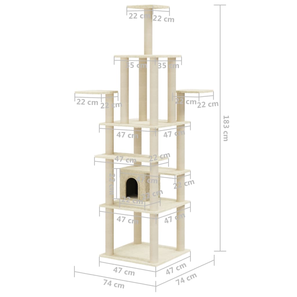 vidaXL Cat Tree with Sisal Scratching Posts Cream 183 cm