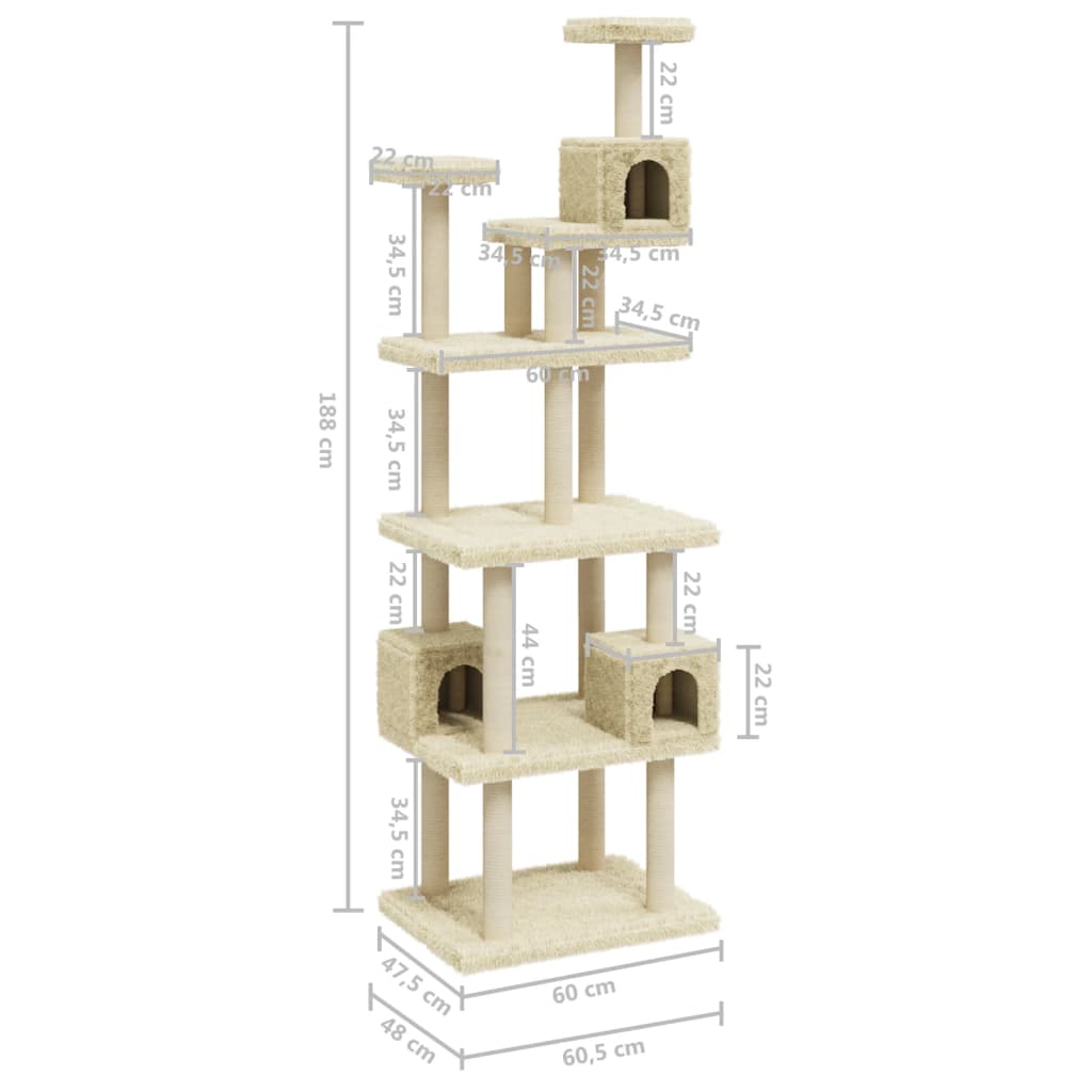 Cat Tree with Sisal Scratching Posts Cream 188 cm