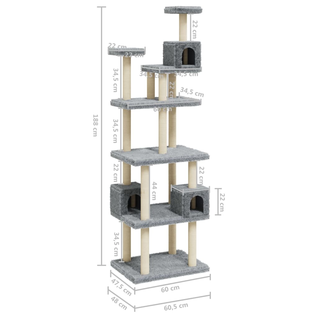 Cat Tree with Sisal Scratching Posts Light Grey 188 cm