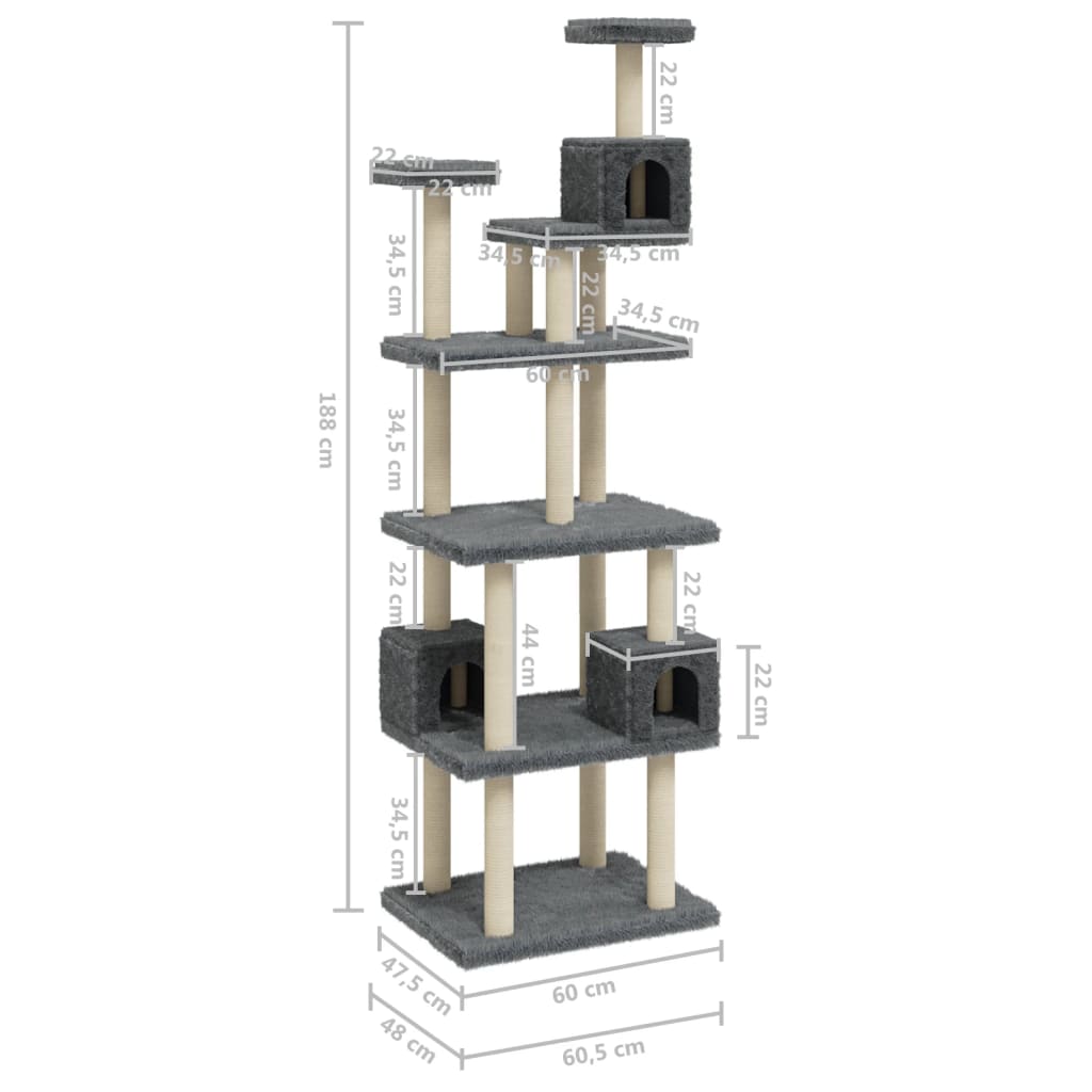 vidaXL Cat Tree with Sisal Scratching Posts Dark Grey 188 cm