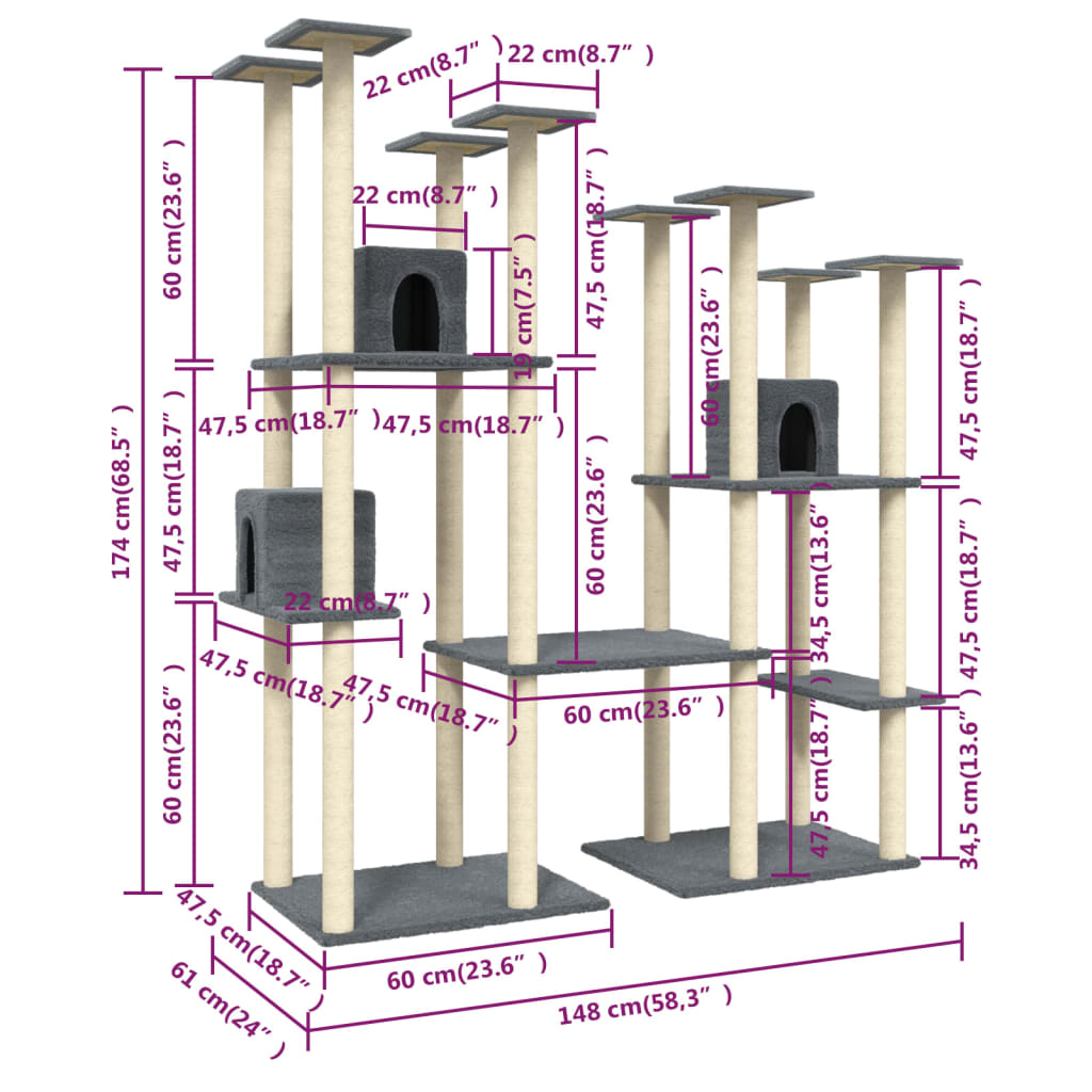 vidaXL Cat Tree with Sisal Scratching Posts Dark Grey 174 cm