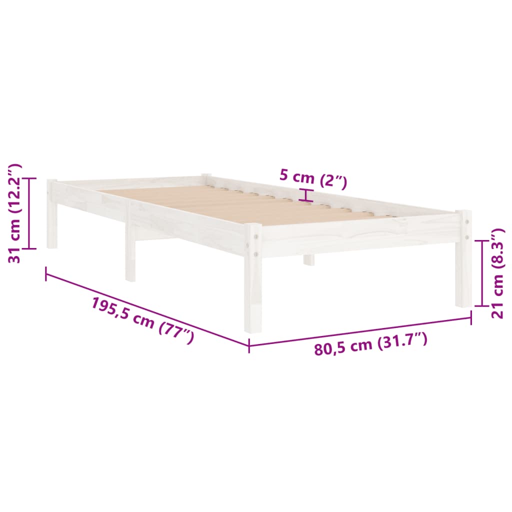 Bed Frame | White | Solid pinewood | 75x190 cm | Durable | Bed Frame