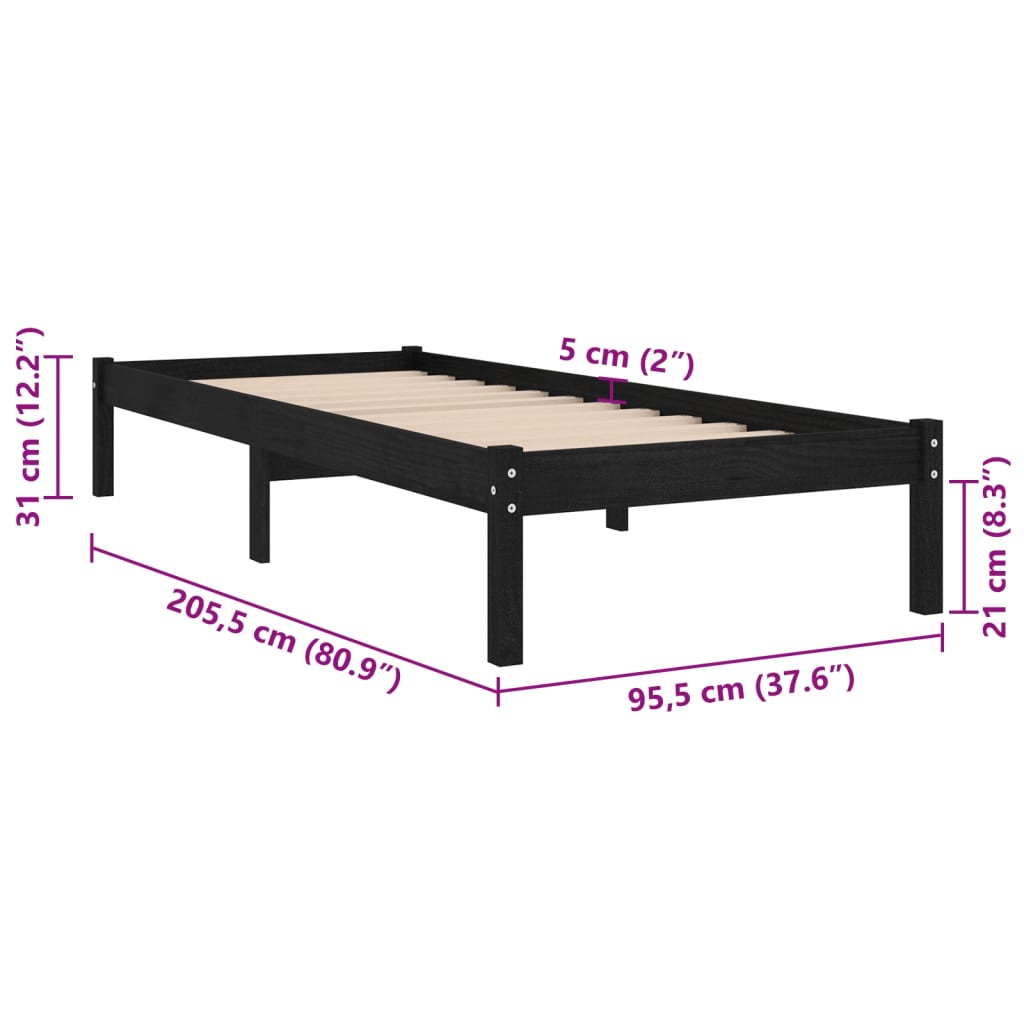 810006 vidaXL Bed Frame without Mattress Black Solid Wood 90x200 cm